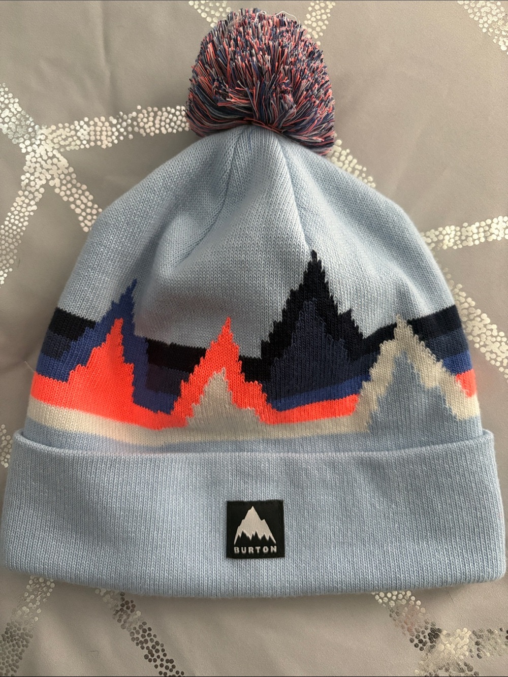 Burton Light Blue Knit Beanie with Neon Coral and Navy Pattern